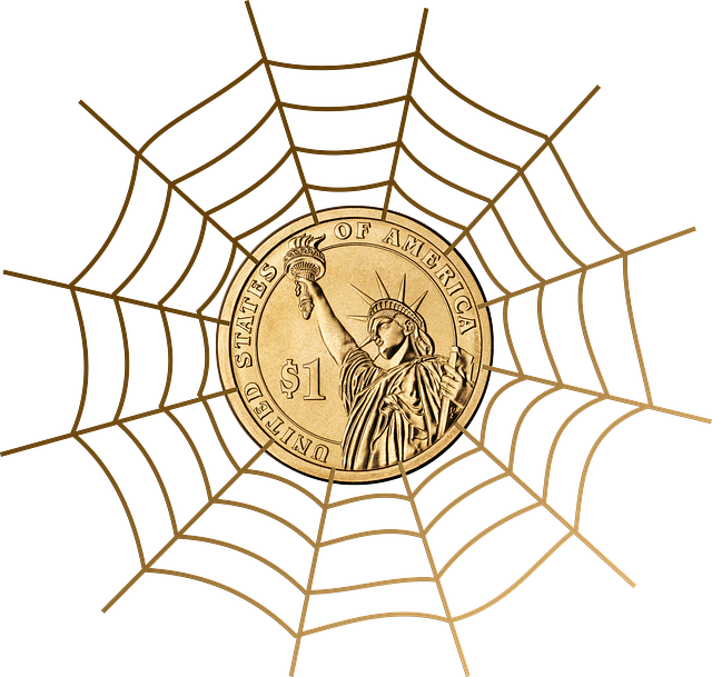 dolar v síti, pavučina, zlatá mince